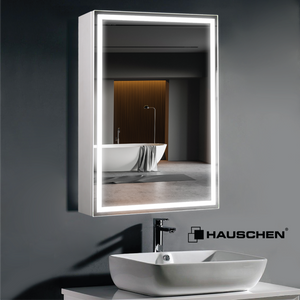 HAUSCHEN 28 x20 Inch LED Medicine Cabinet Lighted Bathroom Mirror, Defogger, Stepless Dimmable, 3000K/5500K Color Temperature Wall Mounted Makeup Mirror, Adjustable Shelf (Assembly Required)