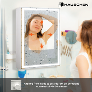 HAUSCHEN 28 x20 Inch LED Medicine Cabinet Lighted Bathroom Mirror, Defogger, Stepless Dimmable, 3000K/5500K Color Temperature Wall Mounted Makeup Mirror, Adjustable Shelf (Assembly Required)