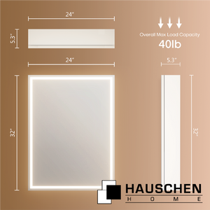 HAUSCHEN HOME 28 x20 Inch LED Medicine Cabinet Lighted Bathroom Mirror, Defogger, Stepless Dimmable, 3000K/5500K Color Temperature Wall Mounted Makeup Mirror, Adjustable Shelf (Assembly Required)