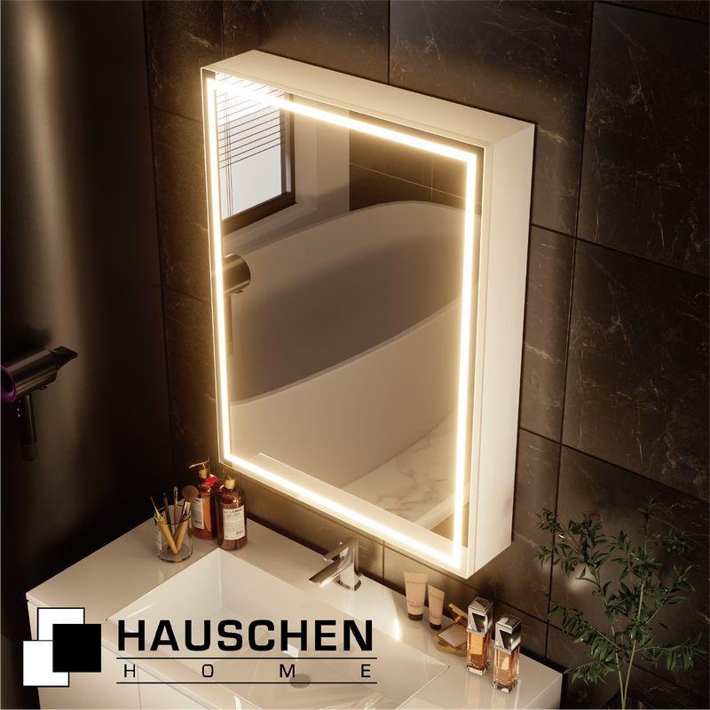 HAUSCHEN HOME 28 x20 Inch LED Medicine Cabinet Lighted Bathroom Mirror, Defogger, Stepless Dimmable, 3000K/5500K Color Temperature Wall Mounted Makeup Mirror, Adjustable Shelf (Assembly Required)