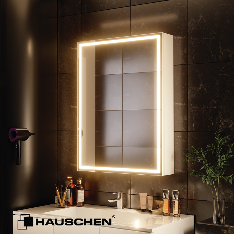HAUSCHEN 32 x24 Inch LED Medicine Cabinet Lighted Bathroom Mirror, Defogger, Stepless Dimmable, 3000K/5500K Color Temperature Wall Mounted Makeup Mirror, Adjustable Shelf (Assembly Required)