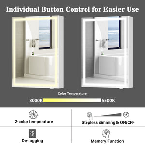 24x16 Inch LED Medicine Cabinet Lighted Bathroom Mirror, Defogger, Stepless Dimmable, 3000K/5500K Color Temperature Wall Mounted Makeup Mirror, Adjustable Shelf (Assembly Required)