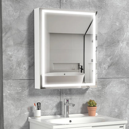 24x16 Inch LED Medicine Cabinet Lighted Bathroom Mirror, Defogger, Stepless Dimmable, 3000K/5500K Color Temperature Wall Mounted Makeup Mirror, Adjustable Shelf (Assembly Required)