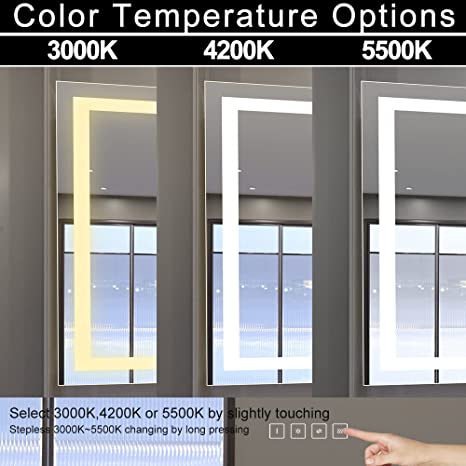 Spectro 36x60 inch LED Lighted Mirror, 4-Button Control, 5500K Cool White / 4200k White / 3000K Warm